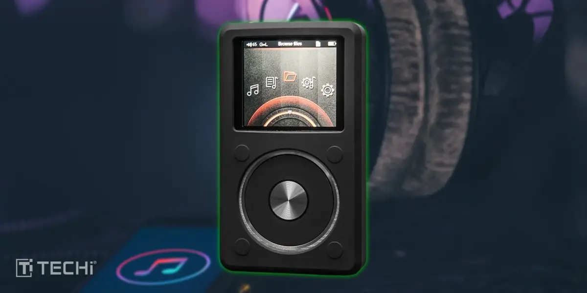 Digital music player with circular controls beside headphones and glowing music icon with TECHi® branding.