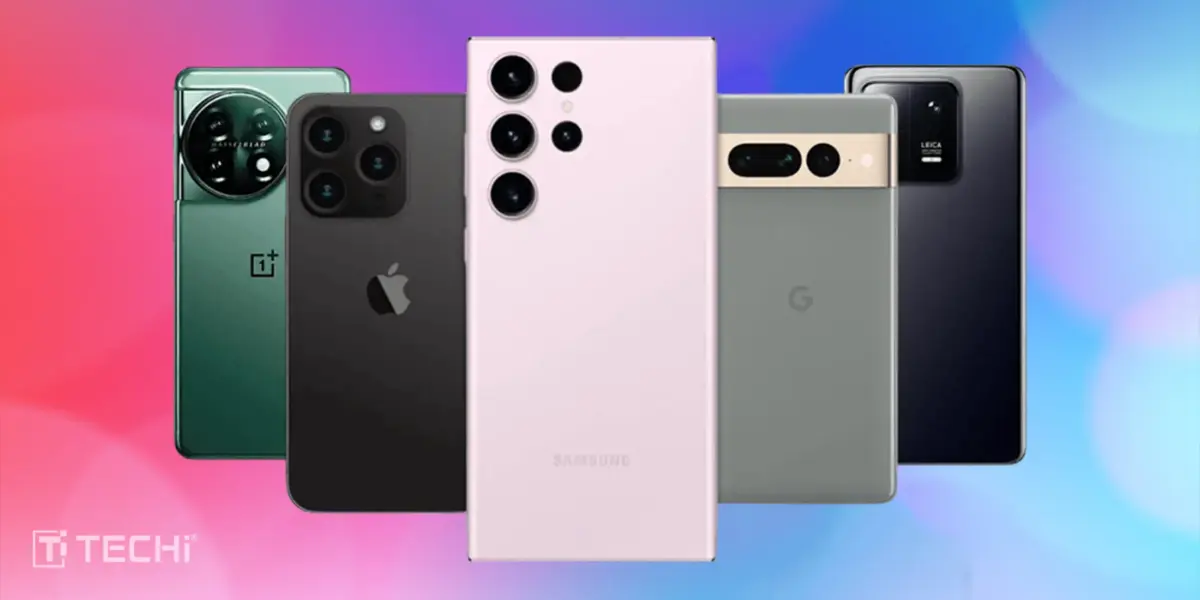 Five flagship smartphones—OnePlus, iPhone, Samsung, Pixel, Xiaomi—against colorful gradient background with TECHi branding.