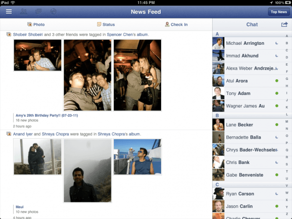Facebook iPad app image chat status