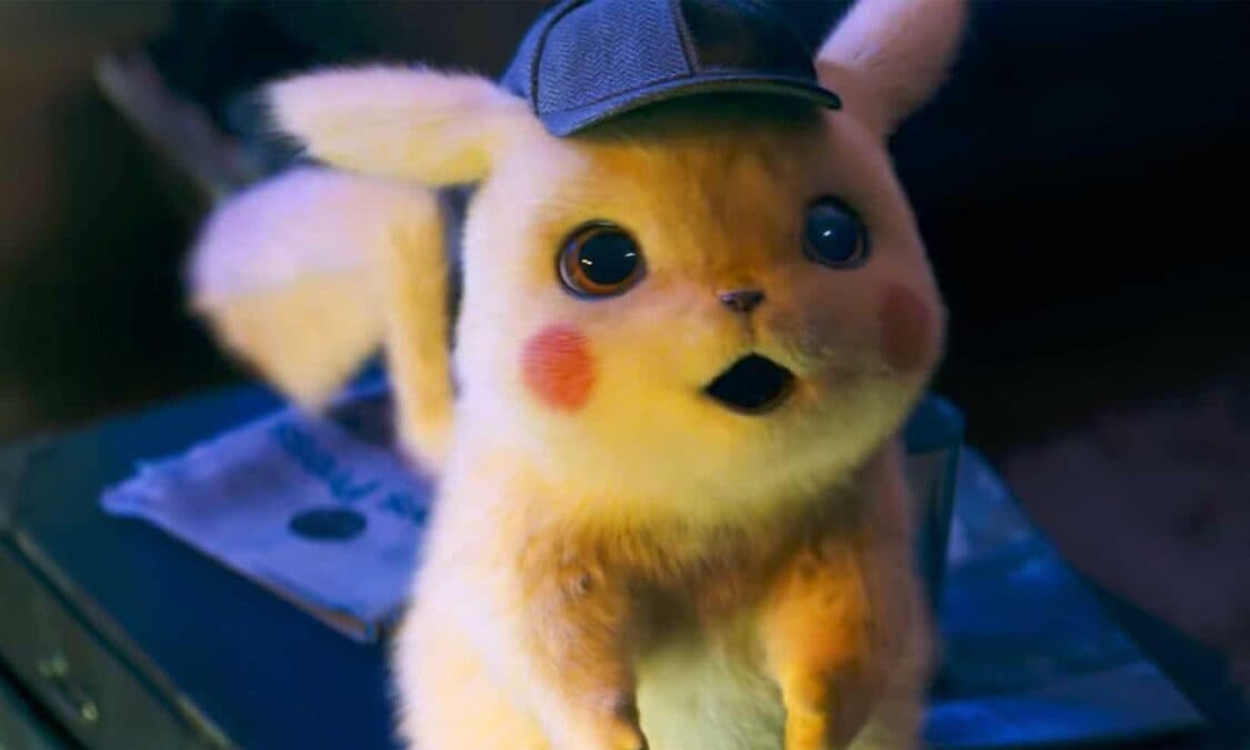 Realistic CGI Pikachu wearing detective hat with curious expression