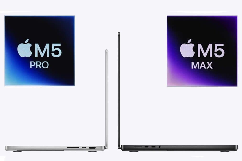 Apple MacBooks with M5 Pro and M5 Max chip graphics on blue and purple gradients