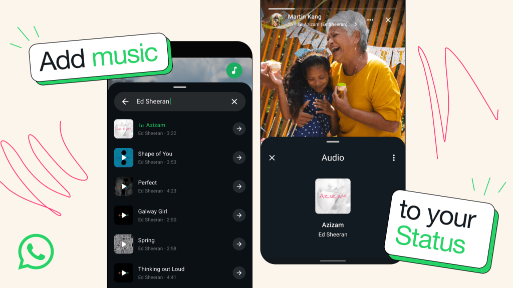 WhatsApp music feature interface showing song selection and music added to Status update.