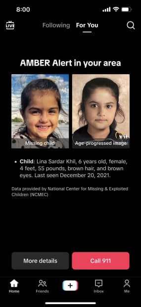 TikTok Amber Alert showing details of a missing child