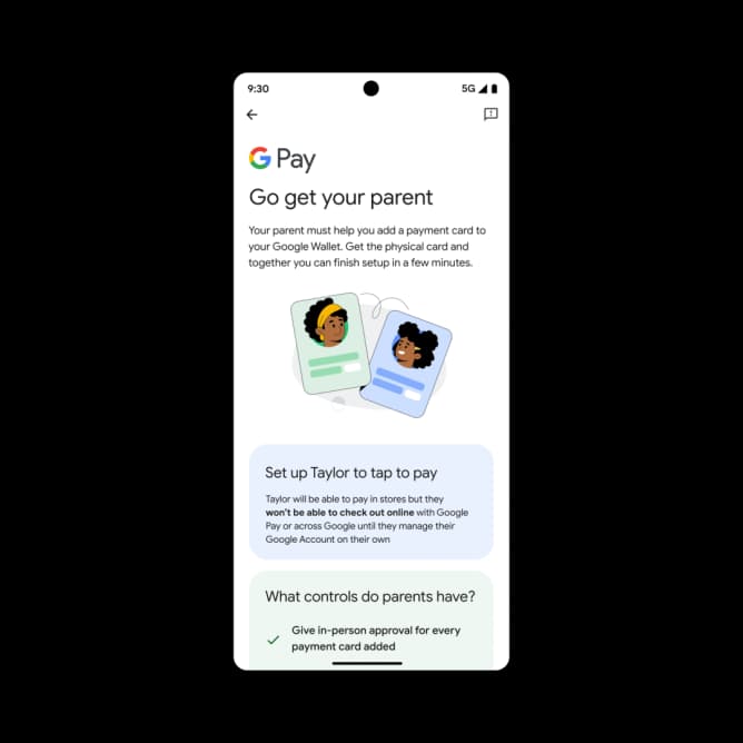 Google Wallet for Kids setup screen showing parental approval process for adding a payment card