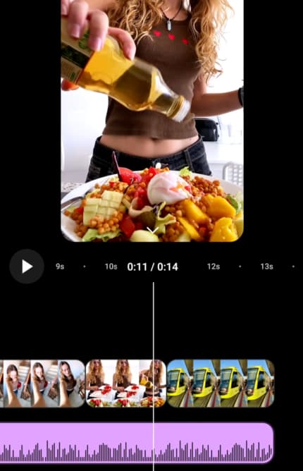 YouTube Shorts clip editor showing food video with beat-synced timeline.