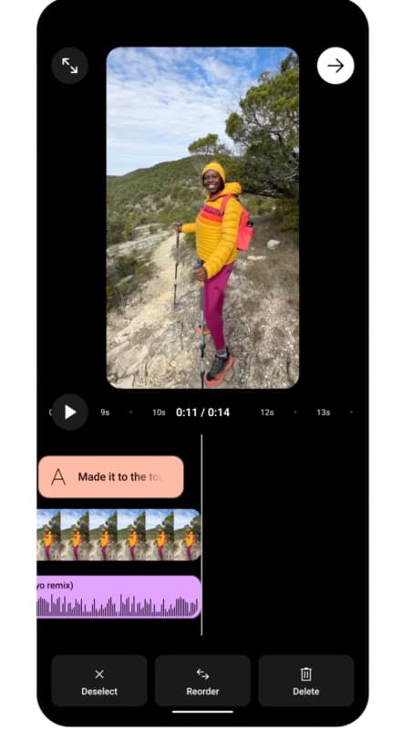YouTube Shorts editing interface with timeline, music, and text overlay tools.