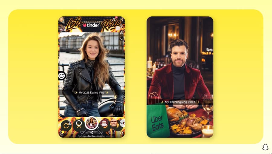 Snapchat Sponsored AI Lenses featuring Tinder and Uber interactive selfie filters.
