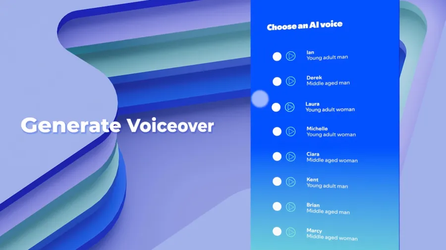 Screenshot of Spotify’s AI voiceover tool interface displaying a list of selectable AI voices categorized by gender and age, including options like Ian, Laura, and Derek.