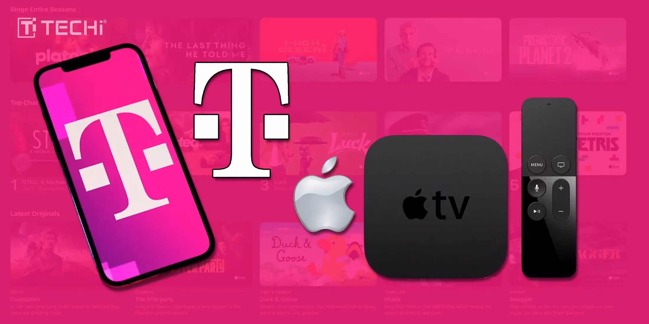Magenta image showing T-Mobile smartphone, Apple TV device and remote, TECHi logo, and streaming thumbnails.
