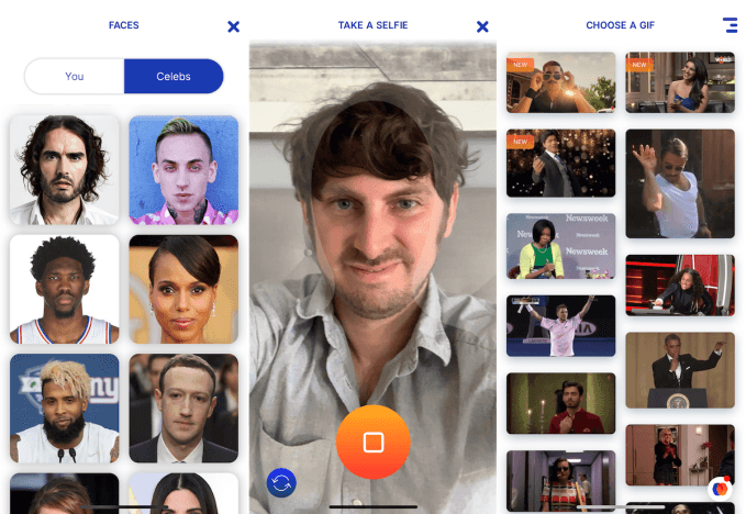 Selfie‑GIF creation interface with celebrity faces and trending memes.