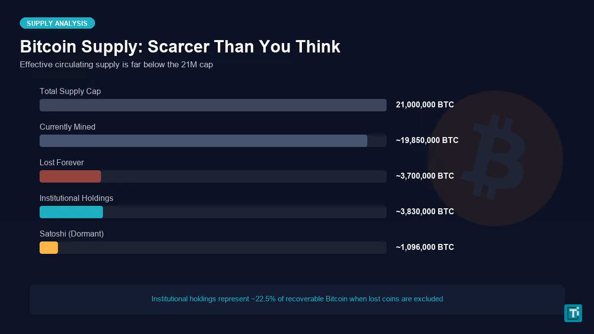 Bitcoin supply breakdown showing total cap, mined coins, lost bitcoin, and institutional holdings