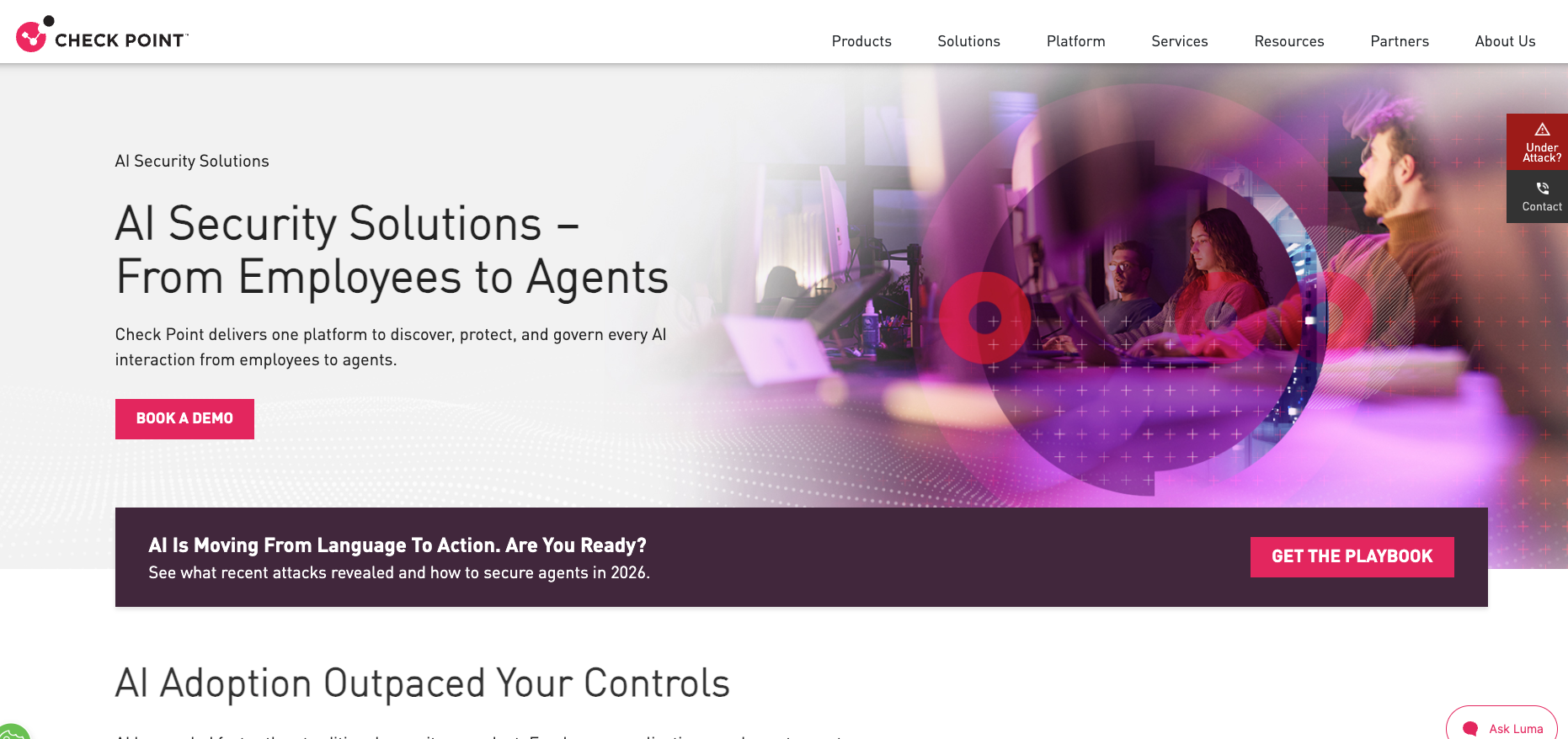 Screenshot of Check Point AI Security Solutions — "AI Security Solutions: From Employees to Agents."