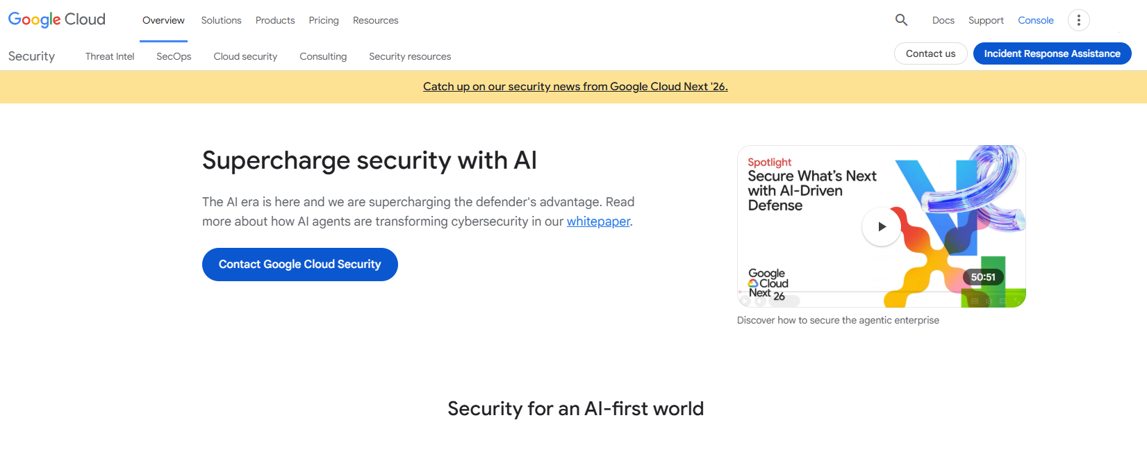 Screenshot of the Google Cloud AI-for-security solutions page.