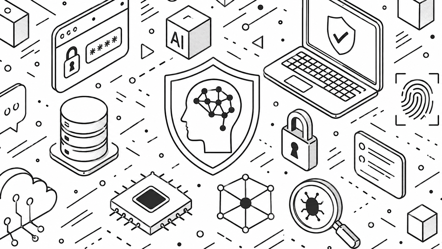 Isometric line illustration of enterprise AI security concepts — a shielded AI brain, locked logins, a database, a microchip, a fingerprint scanner and a bug-scanning magnifier.