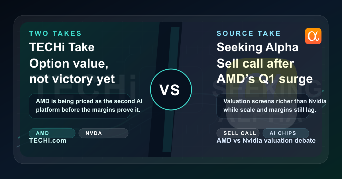 Split Two Takes hero showing TECHi versus Seeking Alpha on AMD and Nvidia valuation debate