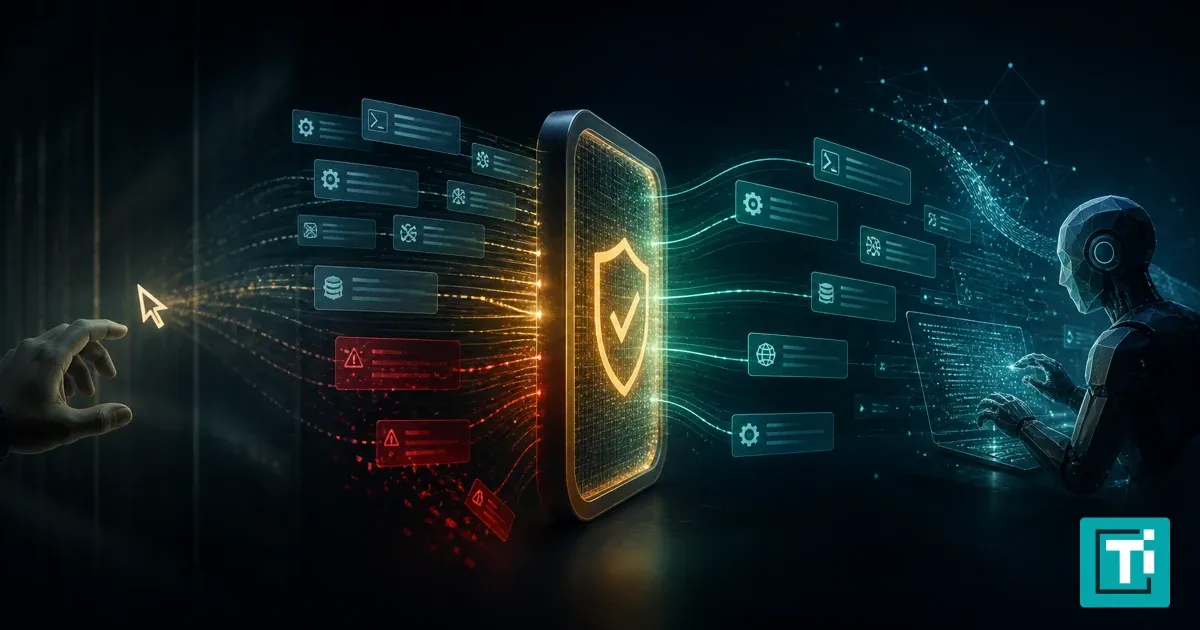 Human hand and autonomous coding agent separated by a glowing safety classifier gate filtering approved and blocked commands