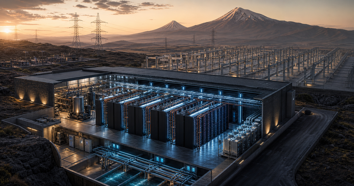 Conceptual view of liquid-cooled AI server racks, power infrastructure, and planned data-center expansion in the Armenian highlands