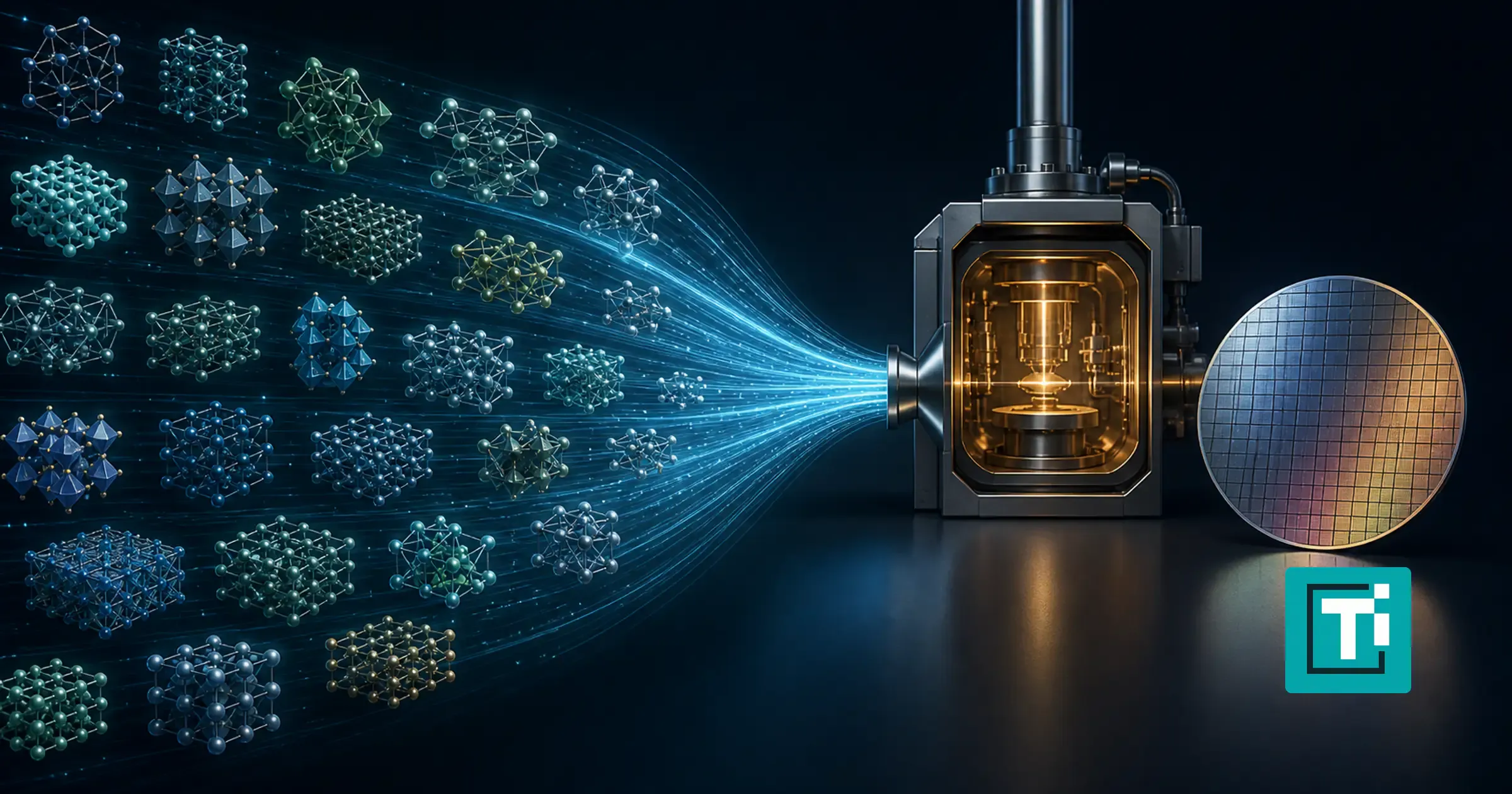 Abstract crystal structures converge through glowing paths into a materials synthesis chamber beside a semiconductor wafer.