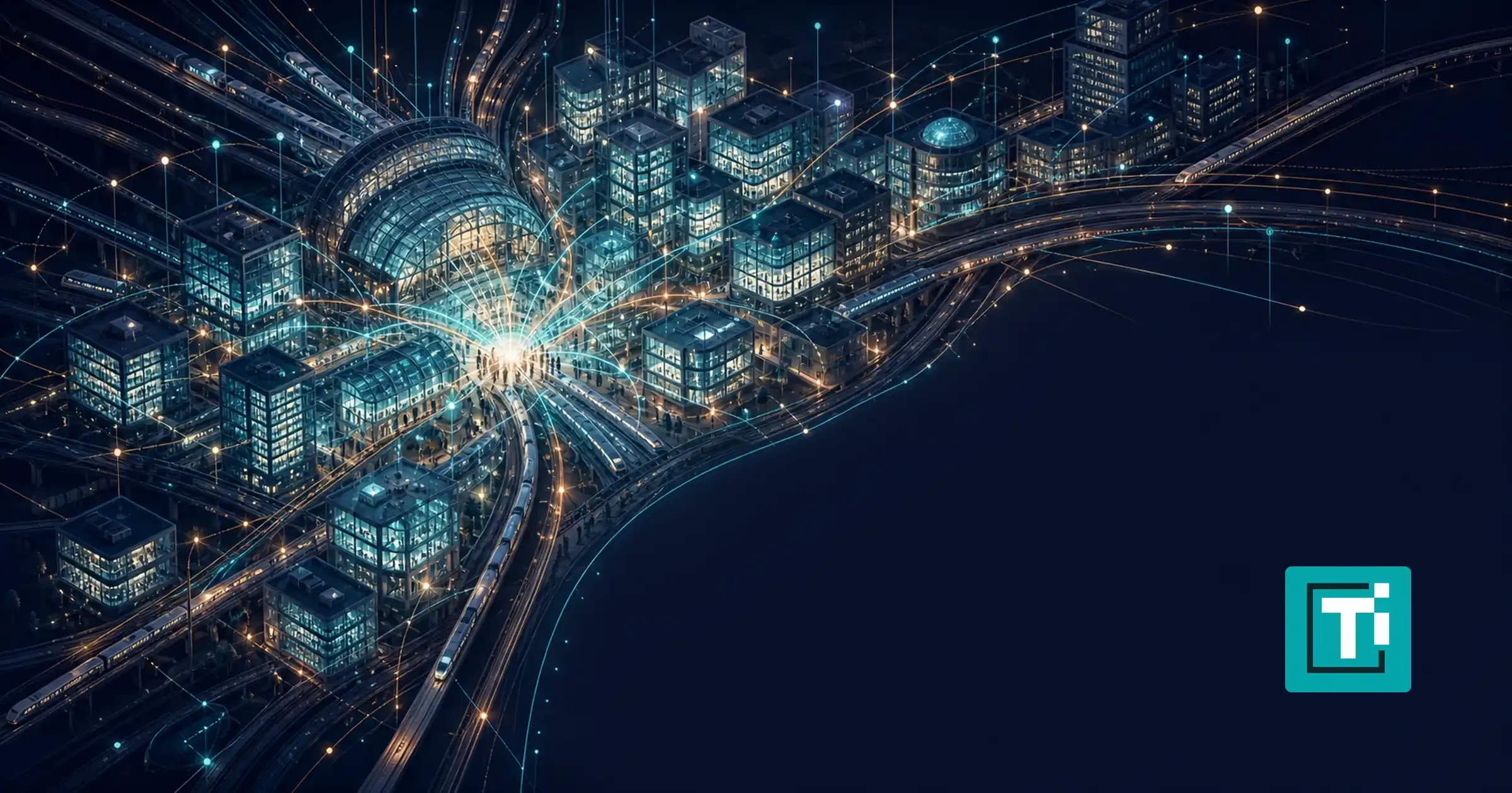 Abstract rail hub surrounded by glass research offices and converging teal network lights at night.