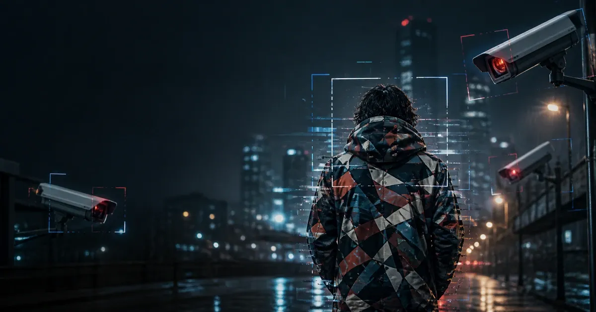 Person in a geometric-patterned jacket standing beneath surveillance cameras as detection boxes glitch around them