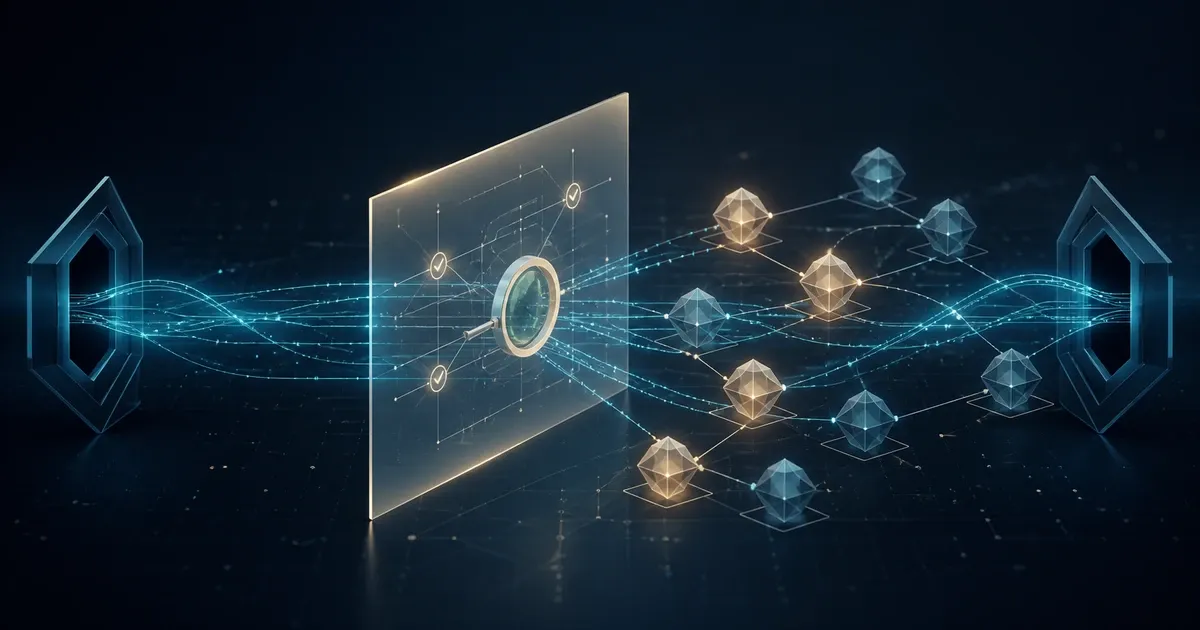 Abstract digital-asset ledger nodes passing through a translucent compliance-review boundary, with several nodes highlighted in amber.