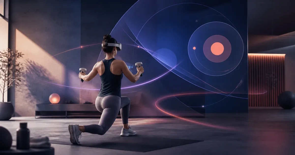 A person wearing a virtual reality headset and holding motion controllers while lunging in an abstract home workout space.