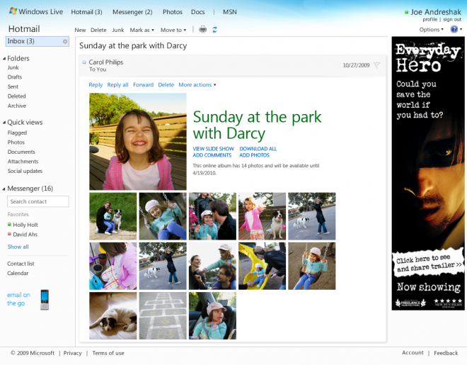 A view of a photo gallery sent by a Hotmail user