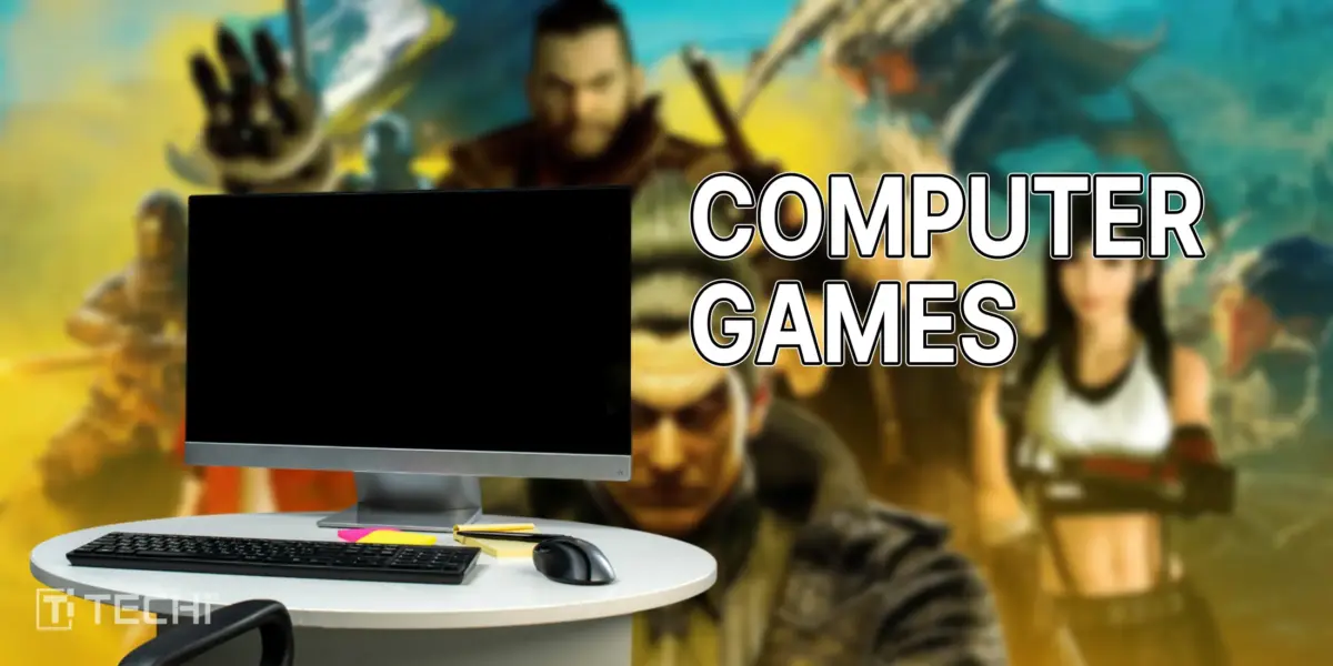 Gaming desk with keyboard, mouse, and monitor over blurred game character collage and “COMPUTER GAMES” text with TECH branding.
