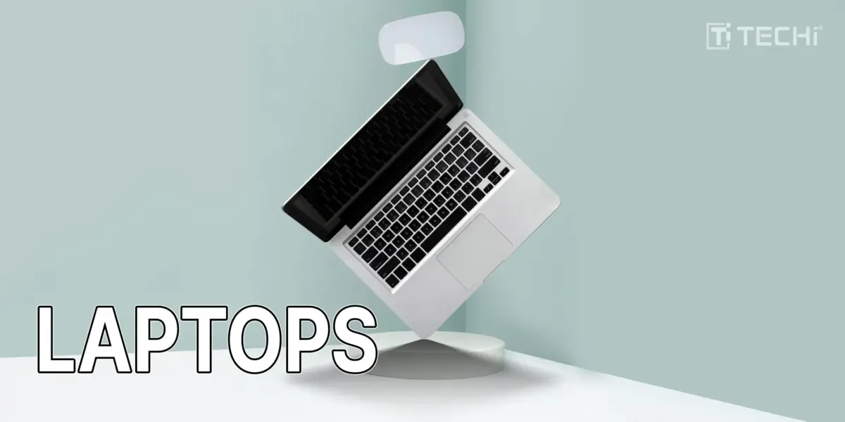 Floating silver laptop and white mouse over teal platform with “LAPTOPS” text and TECHi branding.