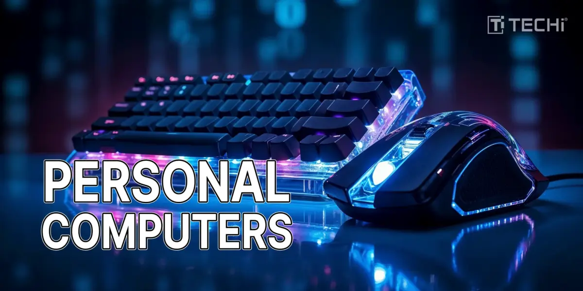 RGB-lit keyboard and mouse with “PERSONAL COMPUTERS” text and TECHi branding over digital background.