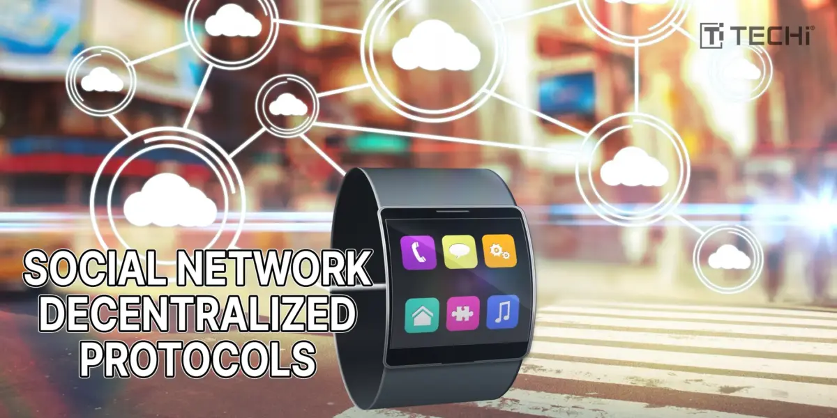 Smartwatch with app icons over city background and cloud-linked network with “SOCIAL NETWORK DECENTRALIZED PROTOCOLS” and TECHi branding.