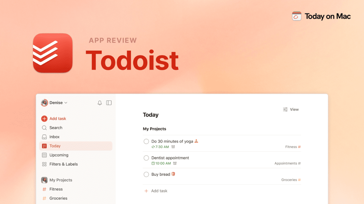 Todoist app interface with task list and sidebar under “Today on Mac” and TECHi branding.
