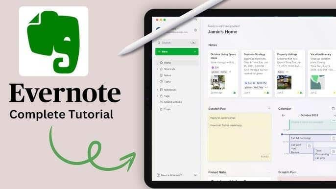 Evernote tutorial with app interface on tablet and stylus under TECHi branding.