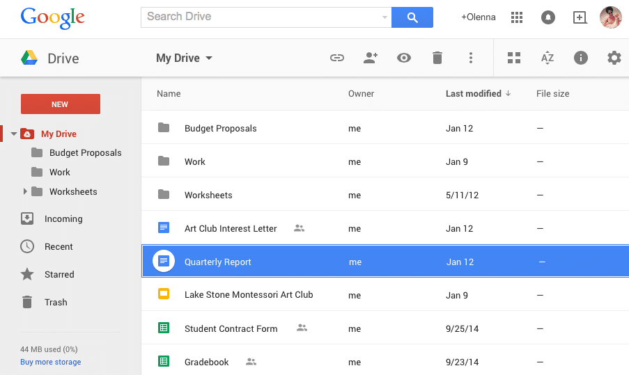Google Drive interface with selected “Quarterly Report” file and sidebar under.