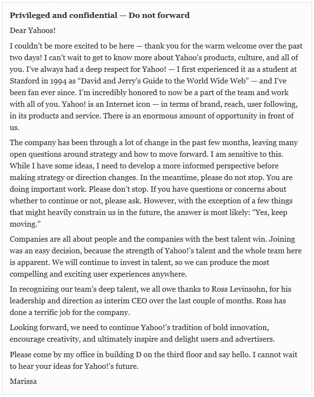 The first Yahoo "MMM" - Marissa Mayer Memo 1 marissa-mayer-memo-2
