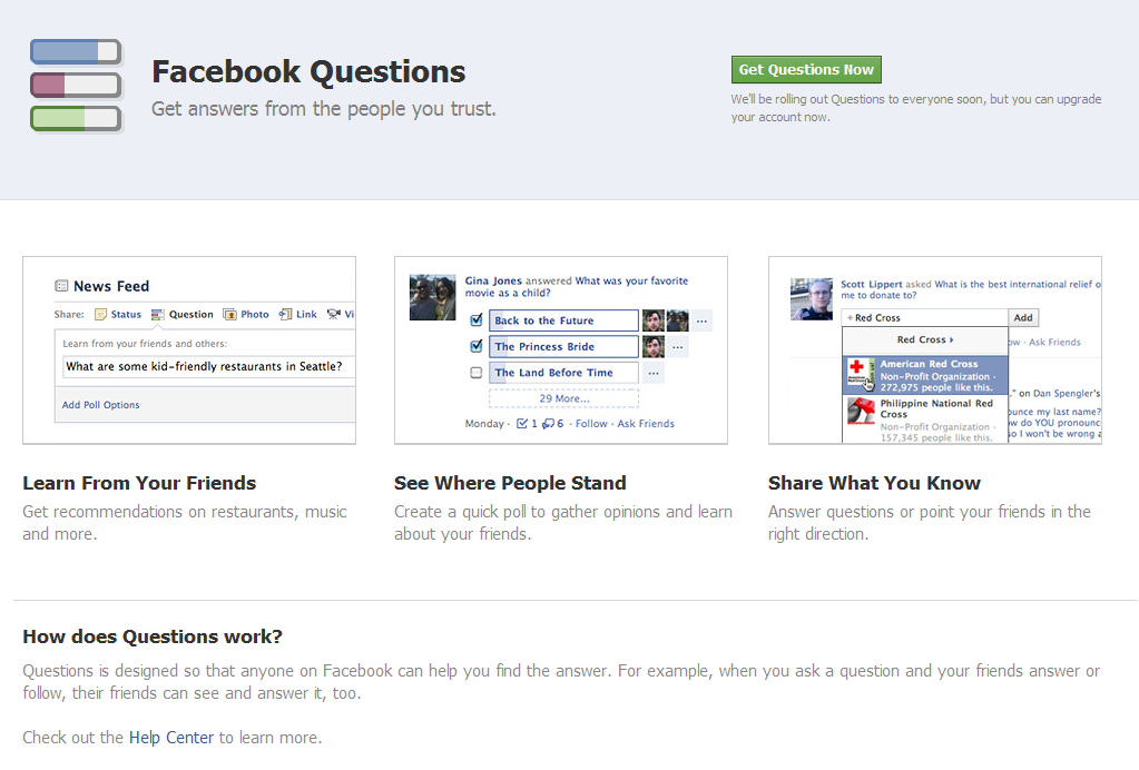 Where is the questions feature located on the Facebook page timeline?