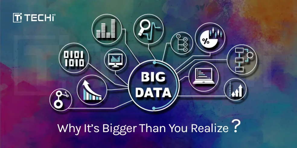 An infographic illustrating the concept of Big Data with interconnected digital icons representing analytics, AI, and data processing.