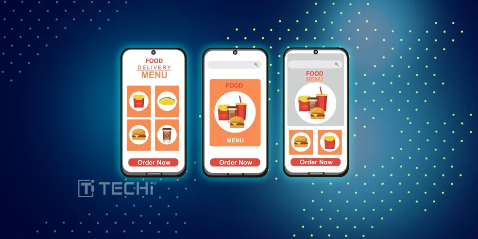 Illustration of mobile phones displaying food delivery app menus with 'Order Now' buttons, representing online restaurant ordering platforms.