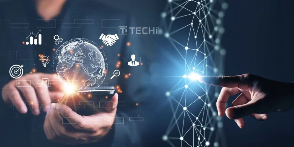 Hand interacting with a digital globe and network interface, symbolizing global LED-driven technology and smart innovation