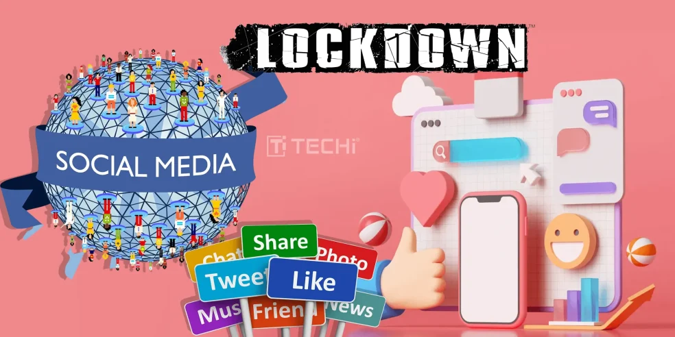 Illustrated globe labeled “Social Media” with connected people icons and 3D icons of likes, shares, and chats, alongside a bold “LOCKDOWN” text.