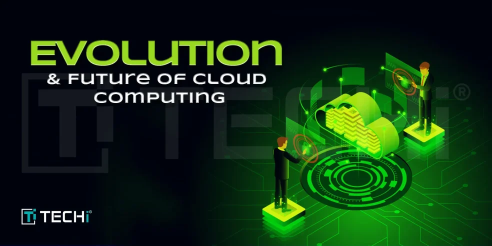 Digital illustration of cloud computing evolution with professionals interacting with futuristic cloud-based technology systems.