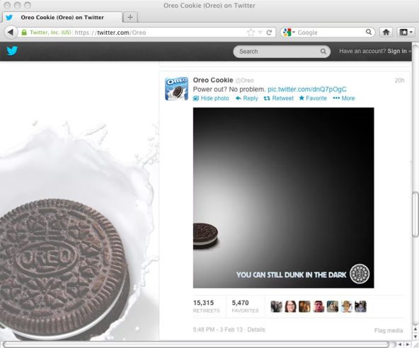 Oreo's 'Dunk in the Dark' Super Bowl Tweet