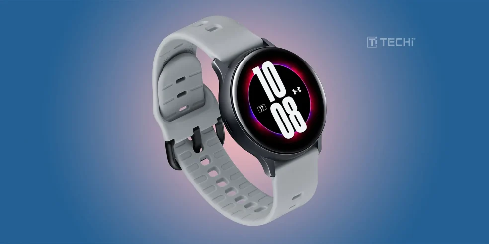 Concept image of OnePlus smartwatch with circular display and swappable band on a gradient blue background.