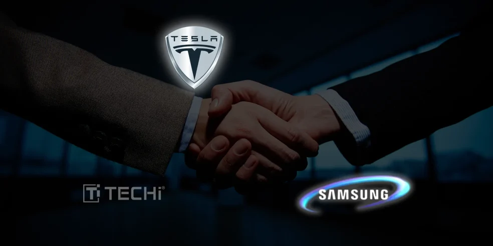 Business handshake between Tesla and Samsung logos with Techi branding, symbolizing rumored EV battery partnership.