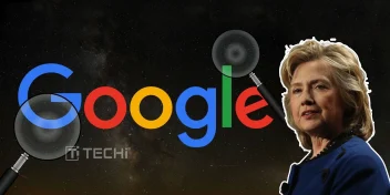 Hillary Clinton beside Google logo under investigation with magnifying glasses, suggesting scrutiny over alleged search manipulation.