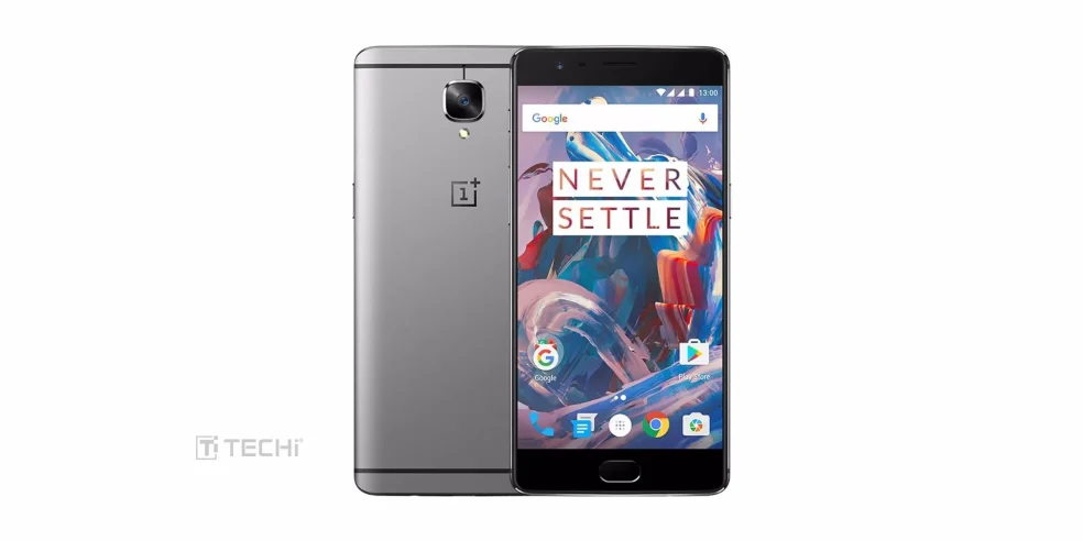 Front and back view of the OnePlus 3 smartphone with "Never Settle" wallpaper displayed on screen.