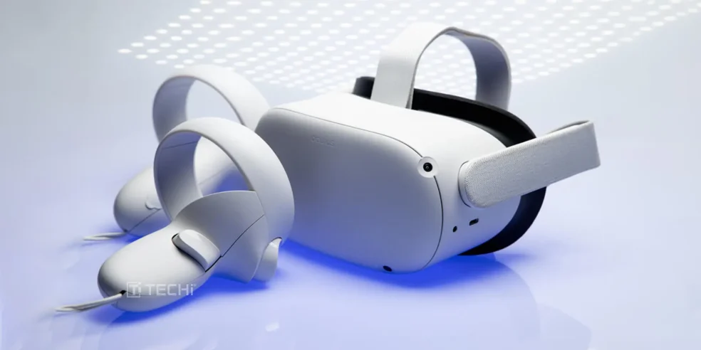 Oculus virtual reality headset and controllers placed on a reflective surface with soft lighting.