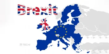 Map showing the United Kingdom with Union Jack flag colors separated from the European Union highlighted in blue with yellow stars, symbolizing Brexit.
