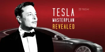 Elon Musk in tuxedo with Tesla car and bold text revealing Tesla's Master Plan on a red background.