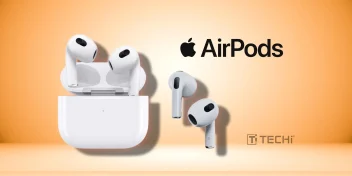 Apple AirPods displayed with charging case against an orange background, representing Apple's shift from headphone jack to wireless and Lightning audio.